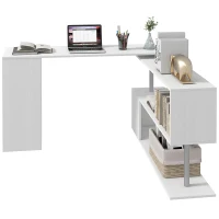 HOMCOM 55" Corner Computer Desk, 360° Rotating L-Shaped Desk, Home Office Workstation with 3-Tier Shelves, Bookshelf, White(m-11)