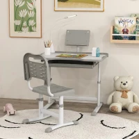 Qaba Kids Desk and Chair Set Height Adjustable Student Writing Desk Children School Study Table with Tilt Desktop, Grey(m-1)