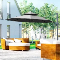 Outsunny 11ft Cantilever Patio Umbrella with Base, Double Top Hanging Aluminum Offset Umbrella with 360° Rotation, Easy Tilt, 8 Ribs, Crank, Cross Base for Backyard, Dark Gray(m-10)