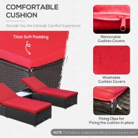 Outsunny Chaise Lounge Chair Set of 2 with 5 Angle Backrest, Outdoor Coffee Table, Water Repellent Cushions, PE Rattan Wicker Poolside Chairs, 3-Piece Pool Furniture Set, Dark Brown/Red(m-8)