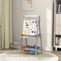 Qaba Easel for Kids, Art Easel w/ Paper Roll, Double Sided Whiteboard & Chalkboard with 2 Storage Boxes(m-10)