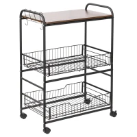 HOMCOM Rolling Kitchen Cart, 3-Tier Utility Storage Cart with 2 Basket Drawers & Side Hooks, Lockable Casters for Dining Room(m-2)