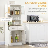 HOMCOM 66" Tall Kitchen Pantry Cabinet, Freestanding Storage Cabinet with 2 Adjustable Shelves, 2 Drawers, Open Counter and Glass Doors, White(m-4)