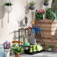 Outsunny 3-Tier Yard Tool Storage Rack, Garden Tool Organizer with Hooks for Long-Handled, Broom, Shovel, Orange(m-8)