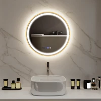HOMCOM 24" Round Bathroom Mirror with LED Lights, Wall Mounted Vanity Mirror with Anti-Fog Pad, Time and Temp Display, Gold(m-8)