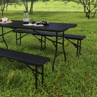 Outsunny 6FT 3PCS Faux Rattan Outdoor Camping Table Bench Set with Carrying Handles, Folding Picnic Table with 2 Benches, Black(m-9)