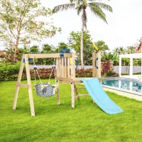 Outsunny Swing Set for Backyard, Wooden Toddler Outdoor Playset with Baby Swing Seat, Kids Slide, Fort, Playground Equipment with Captain's Wheel, Telescope for Ages 1.5-4, Natural(m-10)
