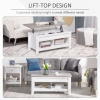 HOMCOM Lift Top Coffee Table with Hidden Storage Compartment and Open Shelves, Lift Tabletop Pop-Up Center Table for Living Room, White(m-4)
