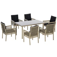 Outsunny 7 Pieces Wicker Patio Dining Set Outdoor Furniture Set with Removable Cushions, Glass Top Dining Table, PE Rattan Conversation Set for Garden Poolside Backyard, Black(m-11)