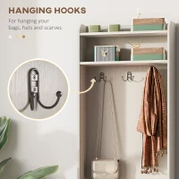HOMCOM Narrow Hall Tree with Shoe Storage Bench, Rustic Entryway Bench with Coat Rack, Accent Coat Tree with Storage Shelves for Hallway, Mudroom, White Wood Grain(m-5)