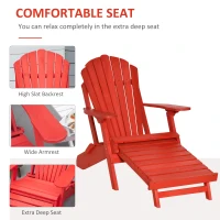 Outsunny Folding Adirondack Chair with Ottoman, Outdoor Wooden Lounger for Patio, Porch, Poolside, Garden, Red(m-5)