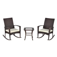 Outsunny 3 Pieces Patio Wicker Rocking Chair Set,  Outdoor PE Rattan Bistro Set Conversation Rocker Set with 2 Chairs 1 Coffee Table for Backyard, Deck, Poolside, Cream White(m-2)