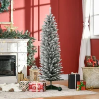 HOMCOM 5' Snow Flocked Artificial Pencil Christmas Tree, Slim Xmas Tree with Realistic Branches and Plastic Base Stand for Indoor Decoration, Green(m-2)