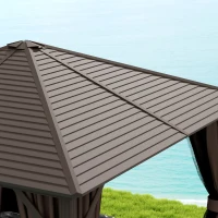 Outsunny 10' x 10' Hardtop Gazebo Canopy, Permanent Pavilion with Hook, Curtains, Aluminum Frame for Patio, Garden, Dark Brown(m-8)