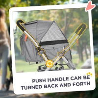 PawHut 4 Wheels Pet Stroller w/ Reversible Handle, Foldable Dog Cat Travel Carriage w/ EVA Wheels Basket Storage Bag 3-stage Canopy Grey(m-6)