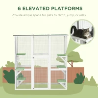 PawHut Outdoor Cat House Big Catio Wooden Feral Cat Shelter Enclosure with Large Spacious Interior, 6 High Ledges, Weather Protection Asphalt Roof, 71" L, White(m-6)