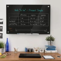 Vinsetto 35.5" x 23.5" Glass Magnetic Dry Erase Blackboard, Frameless Board on Wall, with Dry Eraser, 4 Markers, and Pen Holder, Black(m-2)