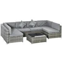 Outsunny 7pc Garden Wicker Sectional Set w/ Tea Table Patio Rattan Lounge Sofa Outdoor Deck Furniture Light Grey(m-2)