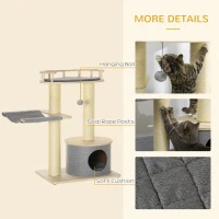 PawHut 35" Cat Tree, Kitty Activity Centre, Wooden Cat Climbing Toy, Cat Tower with Cat Bed Hammock Condo Washable Cushion Hanging Ball Toy Sisal Scratching Post, Natural(m-5)