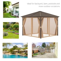 Outsunny 10' x 10' Hardtop Gazebo Outdoor Aluminum Gazebo Canopy with Mosquito Netting, Curtains, Hanging Hook, Brown(m-6)