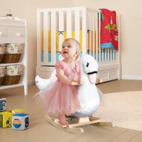 Qaba Kids Ride On Rocking Horse Plush Swan Style Toy with Music for Over 18 Months Children, White and Pink(m-10)