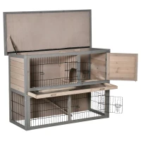 PawHut 2-tier Wood Rabbit Hutch Backyard Bunny Cage Habitat Small Animal House w/ Ramp, Slide Out Tray and Outdoor Run, Light Grey(m-9)