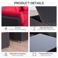 Outsunny 9 Pieces Wicker Patio Furniture Set with Cushion, PE Rattan Outdoor Conversation Set Sectional Sofa Set with 2 Loungers and Glass Tabletop, Aluminum Frame, Coffee & Red(m-7)
