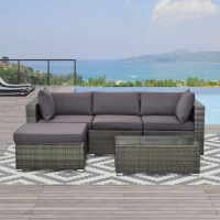 Outsunny 5-Piece Outdoor Sectional Furniture, Patio Sofa Set, PE Wicker Couch, Cushions, Pillows, Ottoman, Table, Charcoal(m-10)