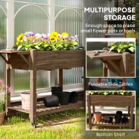 Outsunny Wood Raised Planter Box, Elevated Garden Bed with Lockable Wheels, Side Tables, Bottom Shelf, Drain Holes, Carbonized(m-4)