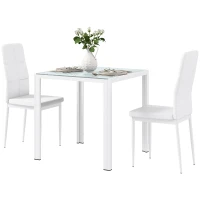 HOMCOM 3-Piece Rectangular Glass Kitchen Table and Chairs with Metal Frame and Faux Leather Upholstery for Dining Room, White(m-2)