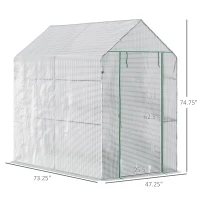 Outsunny 73" x 47" x 75" Walk-in Greenhouse Outdoor Portable Plant Flower Growth Warm House Garden Tunnel Shed with Roll-up Door and 4 Shelves, White(m-3)