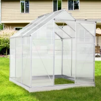 Outsunny 6' x 6' Hobby Greenhouse, Walk-in Polycarbonate Hot House Kit with Aluminum Frame, Sliding Door, Roof Vent, Silver(m-10)