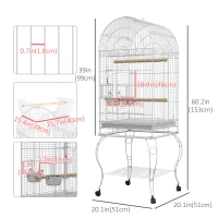 PawHut Play Open Top Bird Cage 60" Parrot Cage for Cockatiel, Sun Conure with Rolling Stand, Removable Tray, Perches, Storage Shelf White, 20.1" x 20.1"(m-3)