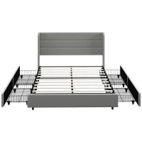 HOMCOM Queen Bed Frame with Storage Drawers, Queen Size Bed Base with Headboard, Wood Slats, Noise-Free, Light Gray(m-11)