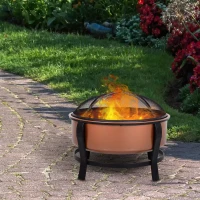 Outsunny 30 Inch Outdoor Fire Pits, Copper-Colored Round Basin Camping Fire Pit, Wood Burning Firepit Bowl with Ornate Black Base, Log grate, Wood Poker, & Mesh Screen for Embers(m-10)