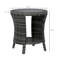 Outsunny 18" Wicker Outdoor Coffee Table, PE Rattan Patio Side Table with 2-Tier Storage, Composite Wood Top, Gray(m-3)