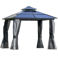 Outsunny 10' x 10' Hardtop Gazebo Canopy with Polycarbonate Roof, Aluminum Frame, Permanent Pavilion Outdoor Gazebo with Netting, for Patio, Garden, Backyard, Deck, Lawn, Gray(m-1)
