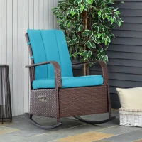 Outsunny Outdoor Wicker Rocking Chair Patio PE Rattan Recliner Chair with Cushion, Adjustable Footrest, Armrests, Turquoise(m-1)