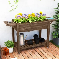 Outsunny Wood Raised Planter Box, Elevated Garden Bed with Lockable Wheels, Side Tables, Bottom Shelf, Drain Holes, Carbonized(m-10)