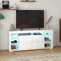 HOMCOM TV Stand with LED Lights for TVs up to 55", High Gloss TV Cabinet with Flip Doors and Glass Shelves, White(m-1)