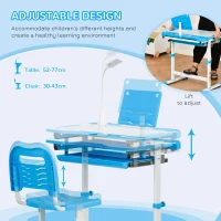 Qaba Kids Desk and Chair Set Height Adjustable Student Writing Desk Children School Study Table with Tilt Desktop, LED Lamp, Pen Box, Drawer, Reading Board, Cup Holder, Blue(m-4)