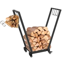 Outsunny Firewood Rack with Wheels, Metal Log Holder with Kindling and Tool Hooks, Indoor/Outdoor, 31.1" x 11.8" x 31.9", Black(m-11)