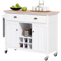 HOMCOM Rolling Kitchen Island, Bar Cart on Wheels with Large Counter, 2 Spacious Drawers and Storage Cabinets, Wine Rack, White(m-11)