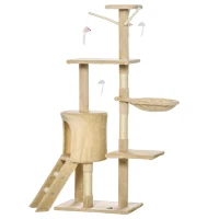 PawHut 53" Cat Tree Tower, Kitten Activity Centre with Scratching Posts, Condo, Perches, Ladder, Hammock, Dangling Toys, Beige(m-11)
