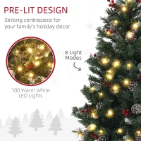 HOMCOM 4FT Pre-Lit Decorated Christmas Tree with Red Berries and Pine Cones Snow Flocked Christmas Tree with LED Lights Green(m-4)