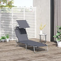Outsunny Outdoor Lounge Chair, Adjustable Folding Chaise Lounge,  Tanning Chair with Sun Shade for Beach, Camping, Hiking, Backyard, Grey(m-1)