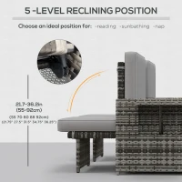 Outsunny 5PC Wicker Patio Lounger, Outdoor PE Rattan 5-level Adjustable Recliner Sofa Bed with Storage Side Table and Footstools, for Patio, Garden, Poolside, Grey(m-6)