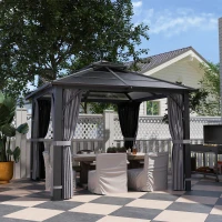 Outsunny 10' x 10' Hardtop Gazebo with 7mm Double Polycarbonate Roof, Outdoor Gazebo with Netting and Curtains(m-1)
