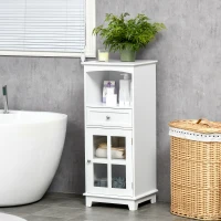 kleankin Bathroom Floor Cabinet with Drawer, Glass Door Side Cabinet, Multifunctional Corner Unit with Adjustable Shelf for Home Office, Living Room, White(m-8)