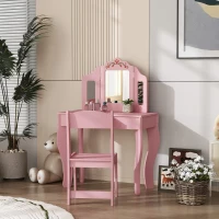 Qaba Kids Vanity Set, Dual-Use Dressing Table with Removable Tri-Folding Mirror and Drawer, for Ages 3-8, Pink(m-8)